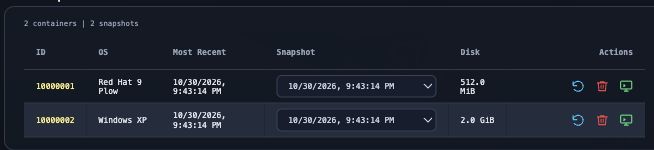 Snapshot selectors with Restore, Delete and Preview actions for example Red Hat and Windows snapshots